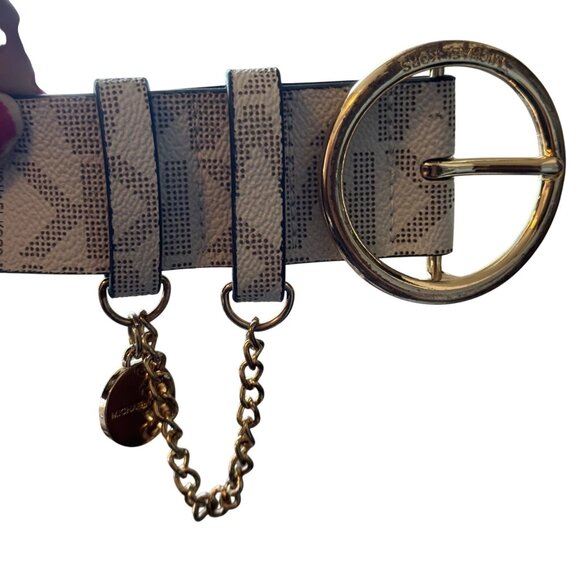 Michael Kors Logo-Print Belt With Gold-Tone Buckle & Chain Accent Size Medium - Picture 3 of 7